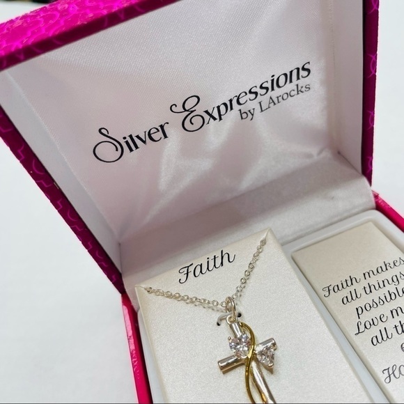 𝅺silver Expressions by LA Rocks Cross & CZ Hearts Necklace with Gold Accents - Picture 4 of 7